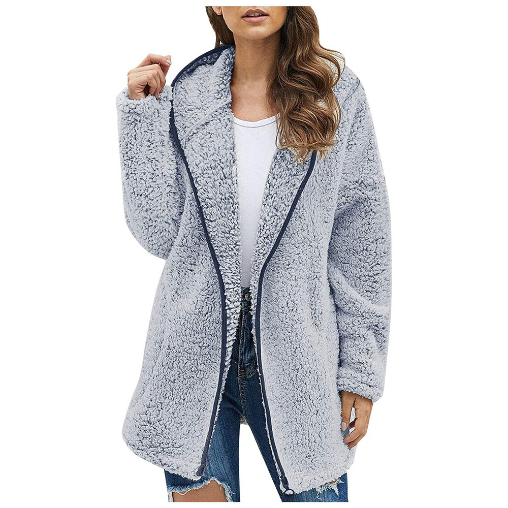 Solid Color Lapel Collar Hooded Long Sleeve Plush Sweater