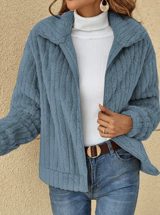 Short Jacket Lapel Zipper Winter Coat Warm Plush Fleece Zipper Casual Coat Top