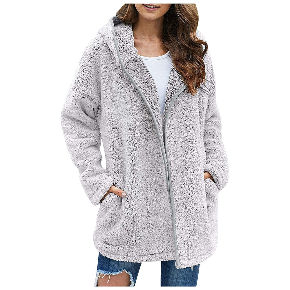 Solid Color Lapel Collar Hooded Long Sleeve Plush Sweater