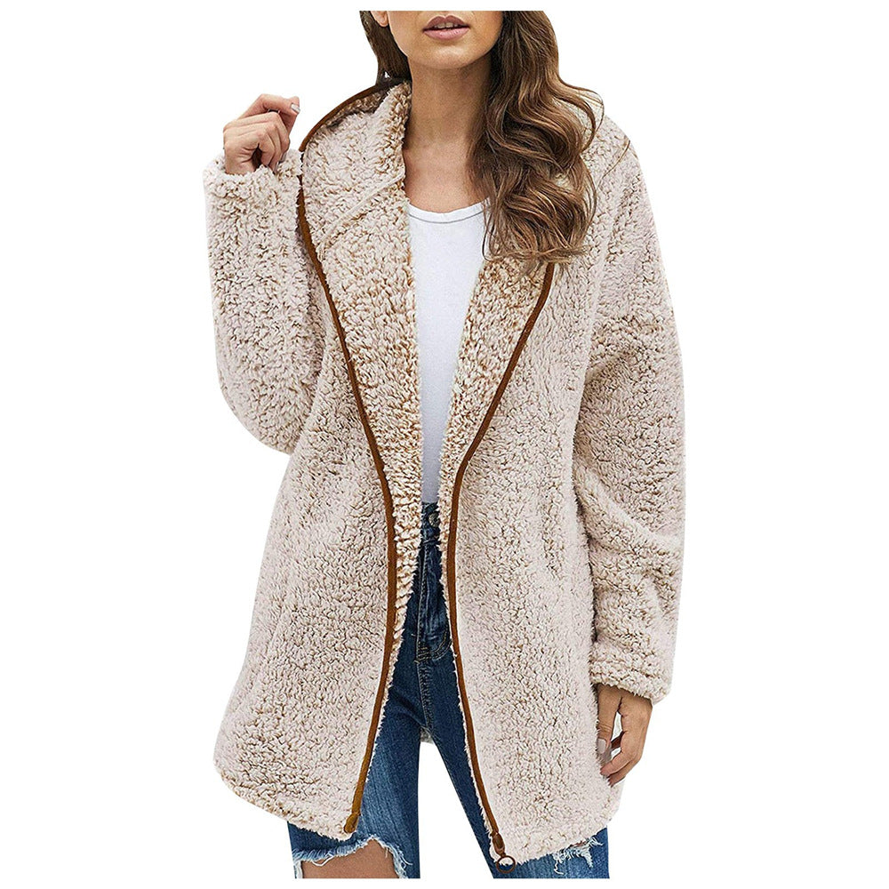 Solid Color Lapel Collar Hooded Long Sleeve Plush Sweater