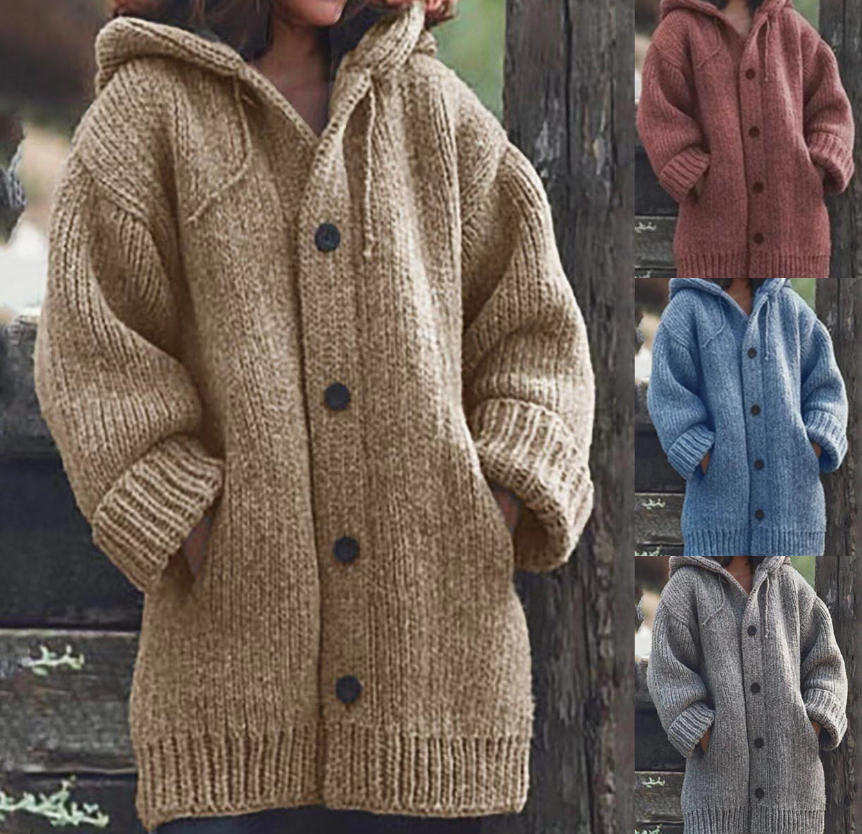 Women's hooded chunky cardigan sweater pockets knitted button up sweater