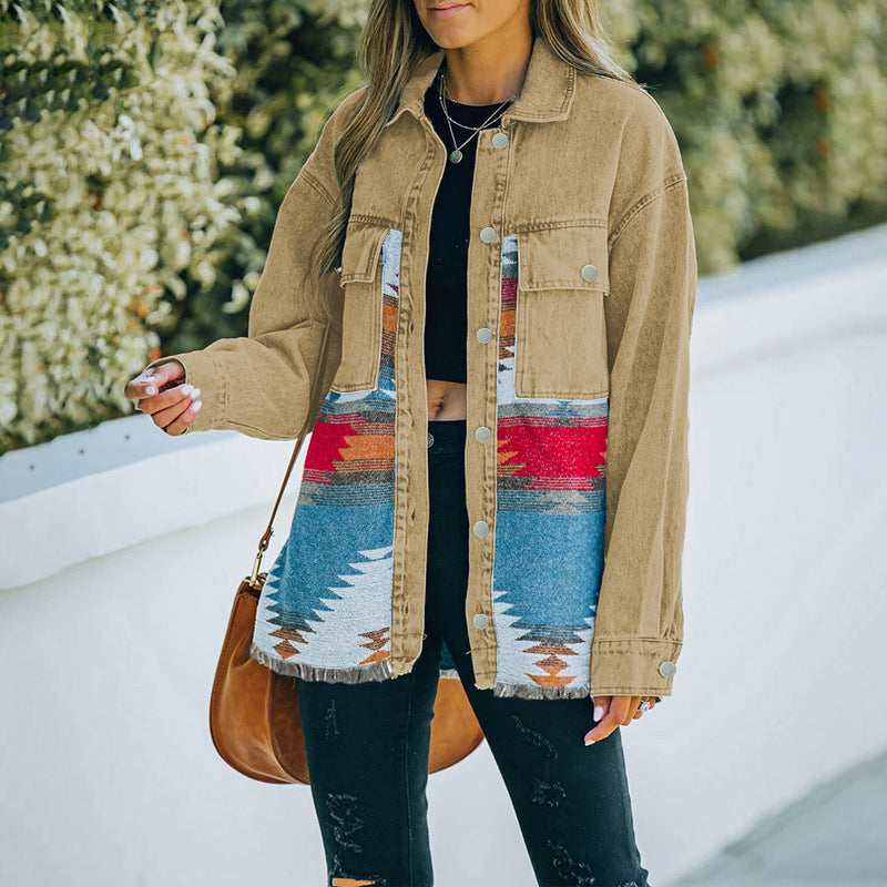 Woman's long sleeve casual loose paneled denim jacket