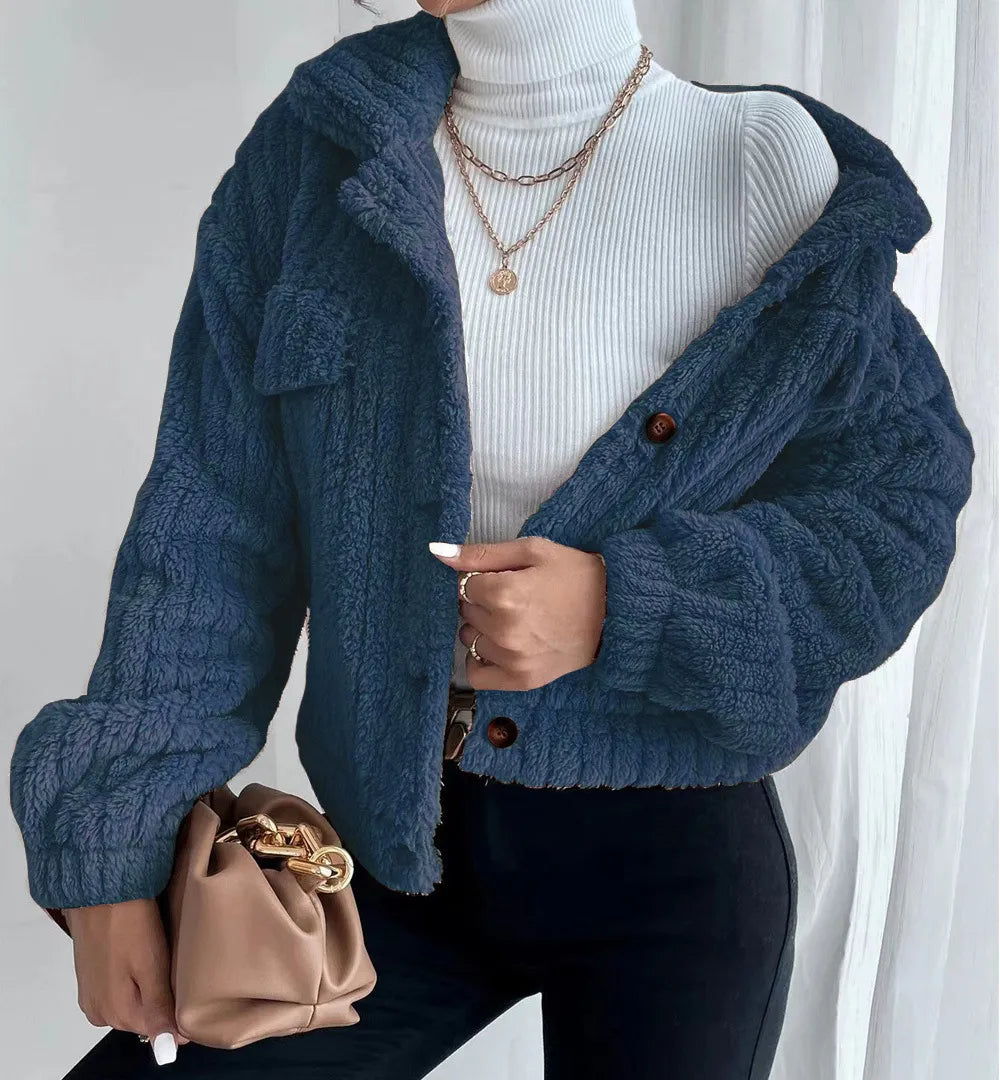 SHORT JACKET LAPEL WINTER COAT WARM PLUSH FLEECE CASUAL COAT TOP WITH POCKET