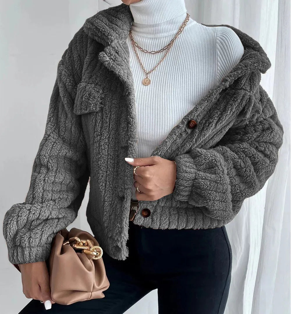 SHORT JACKET LAPEL WINTER COAT WARM PLUSH FLEECE CASUAL COAT TOP WITH POCKET