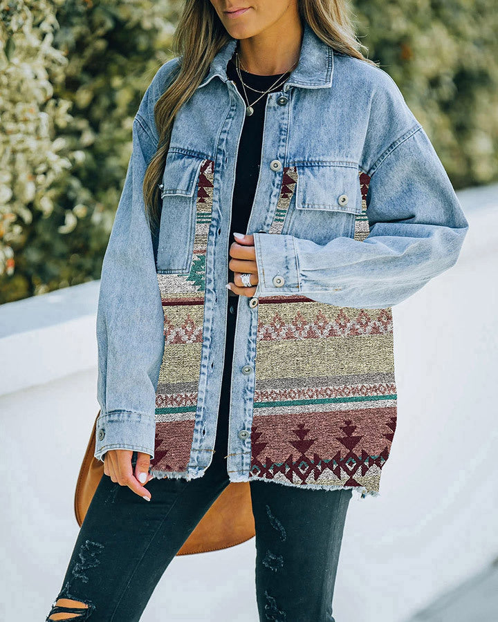 Woman's long sleeve casual loose paneled denim jacket