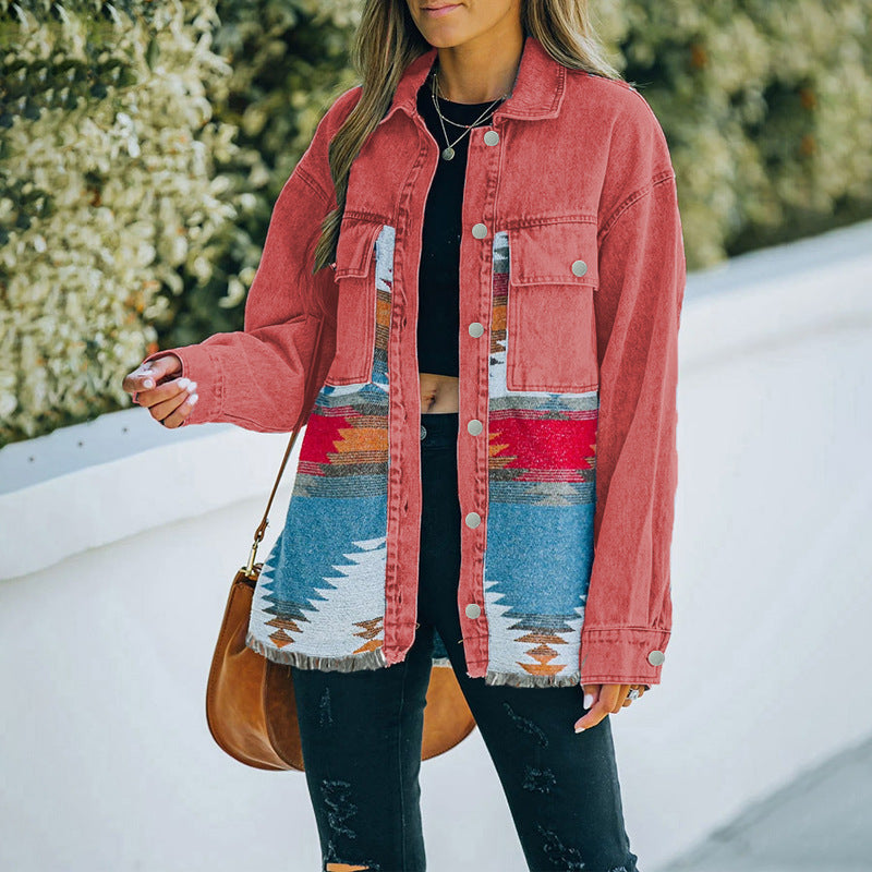 Woman's long sleeve casual loose paneled denim jacket