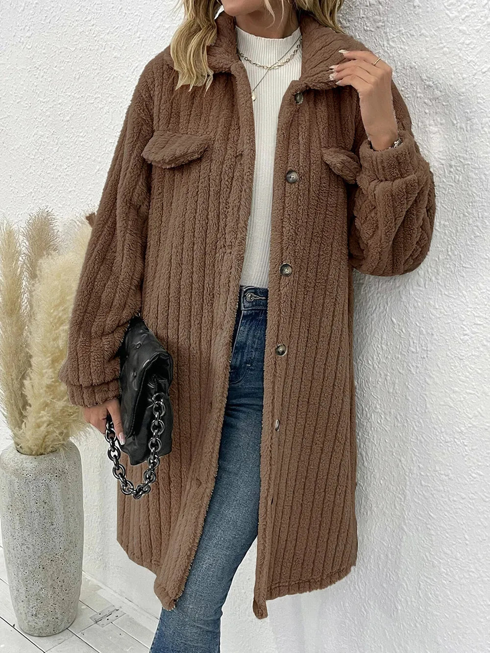 Women's lapel plush long coat with pockets