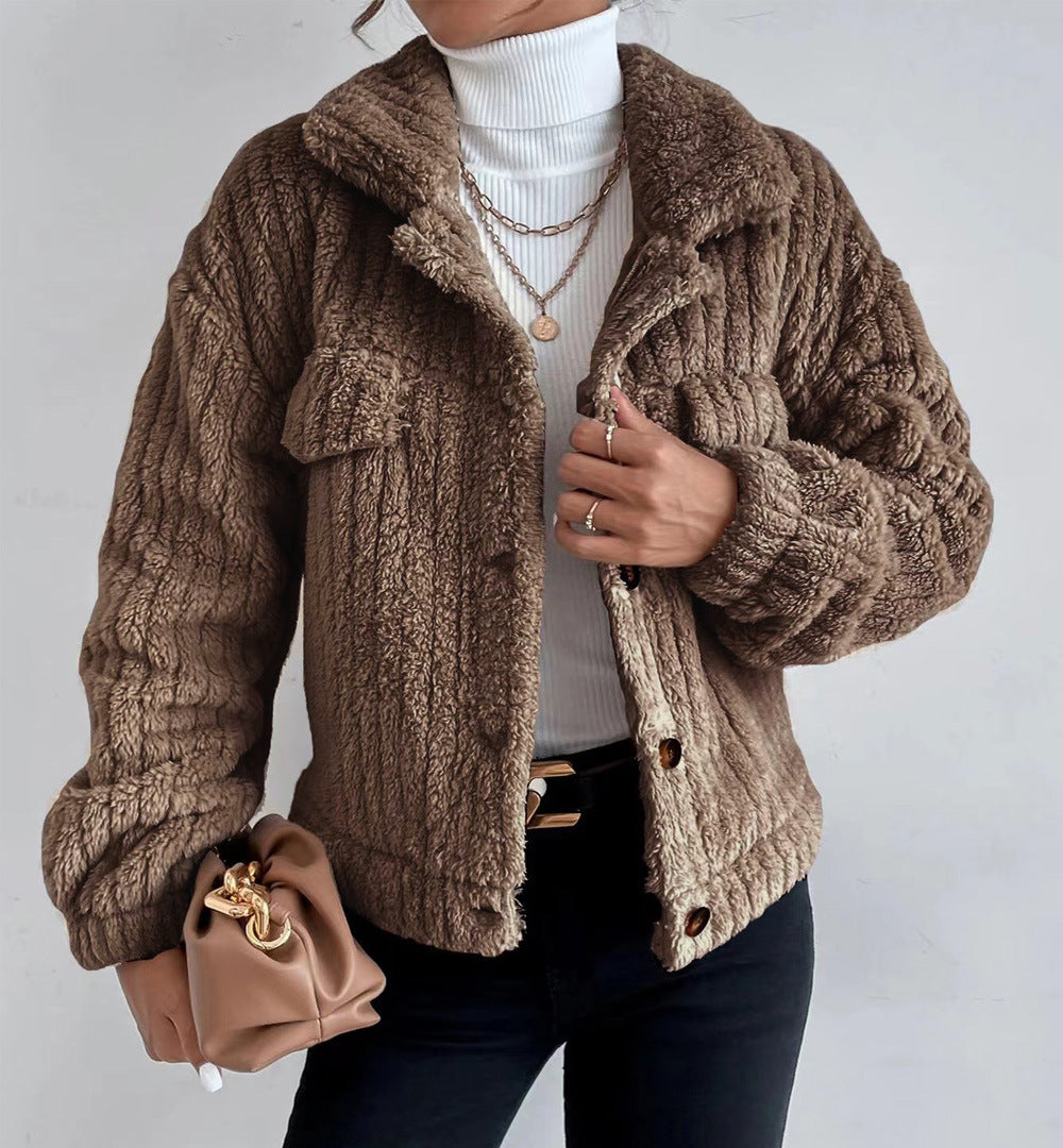 SHORT JACKET LAPEL WINTER COAT WARM PLUSH FLEECE CASUAL COAT TOP WITH POCKET