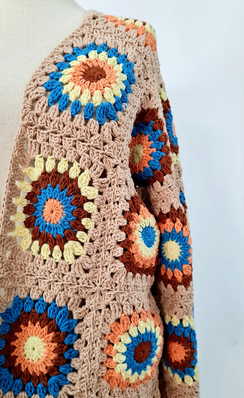 Granny Square Spring Crochet Cardigan, Open Front Sweater