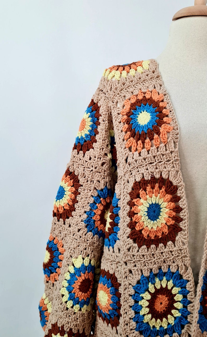 Granny Square Spring Crochet Cardigan, Open Front Sweater