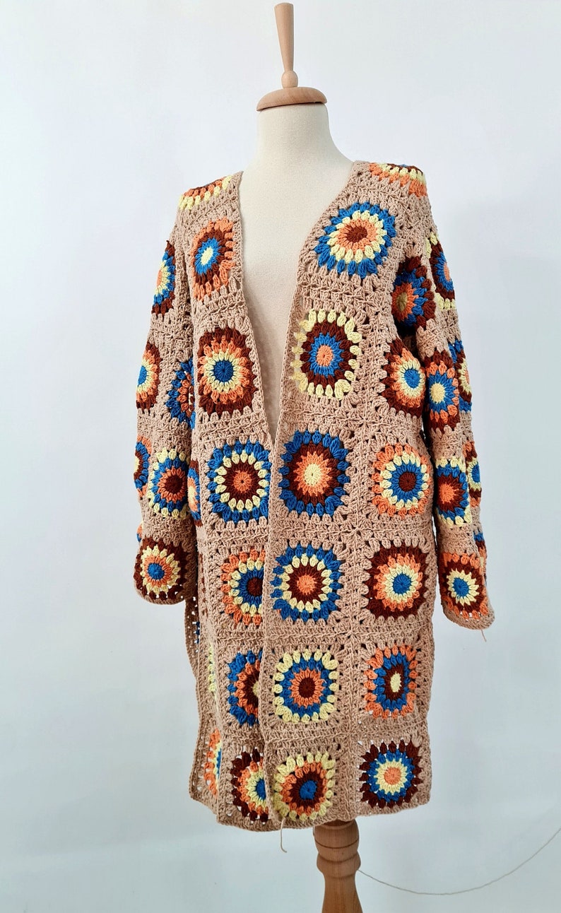 Granny Square Spring Crochet Cardigan, Open Front Sweater